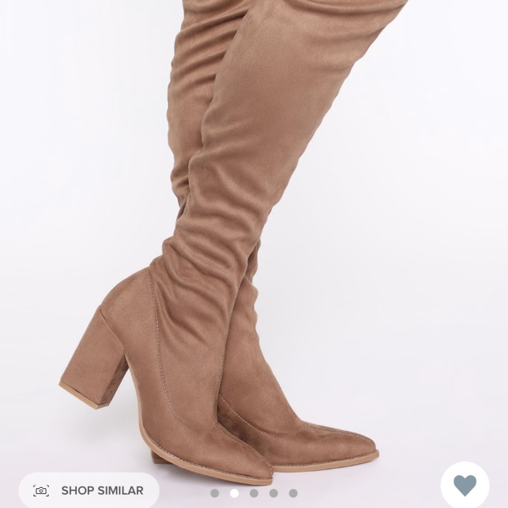 Thigh high black and taupe block heel boots